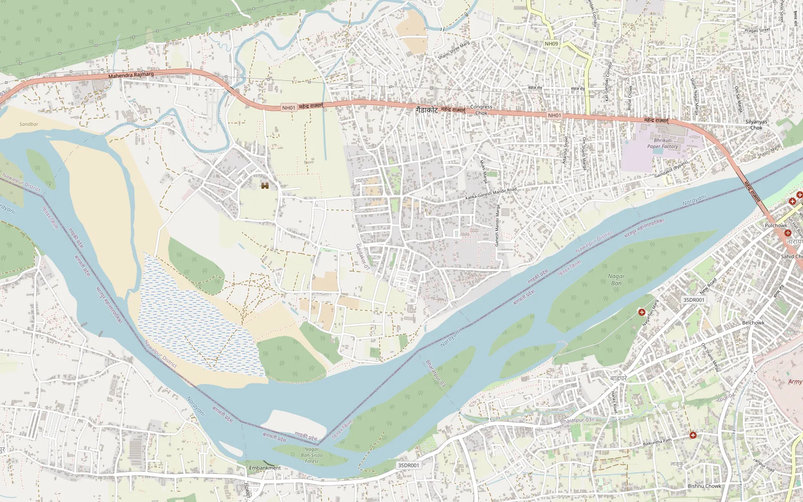 Street map of Gaindakot with the Trishakti Apparel factory marked, between the Mahendra (East–West) Highway and the Narayani river, across from Narayangarh